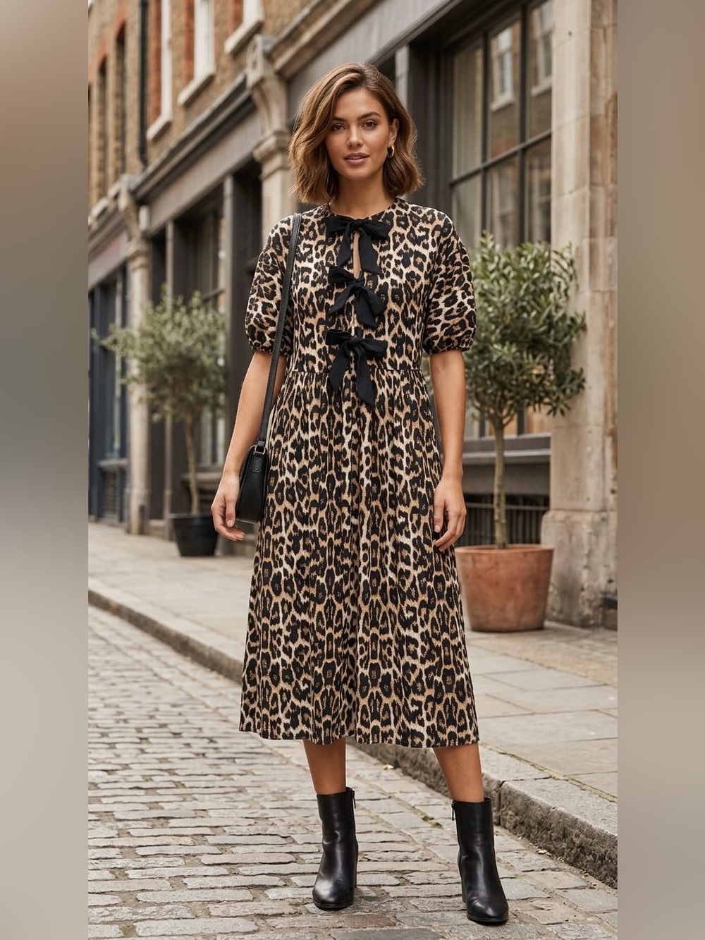 ASOS Leopard Print Midi Dress with Black Tie Front
